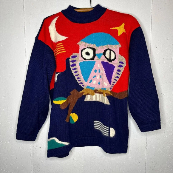Seagull Brand Women's Colorful Abstract Owl Crew Neck Sweater Size Large - READ - Picture 1 of 6